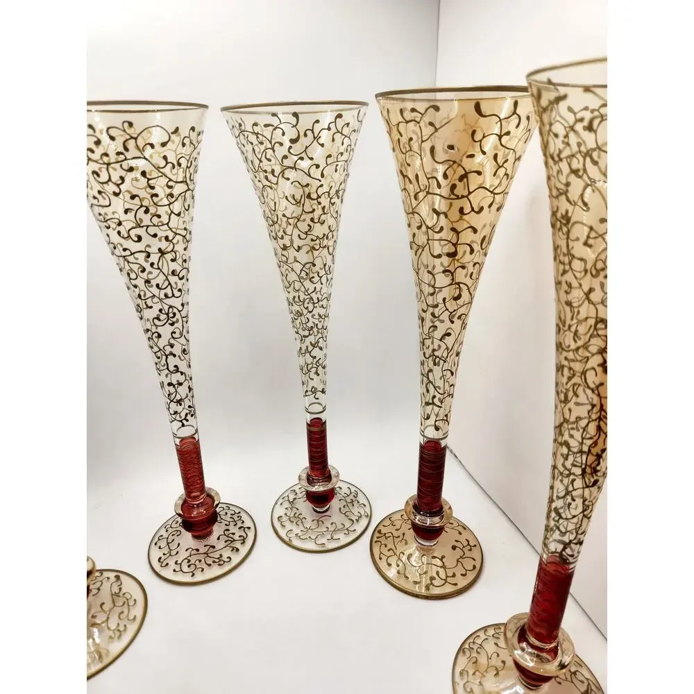 Pier 1 Fluted Champagne Glasses P1C8 Gold Filigree Red Stem Set of 6 Vintage